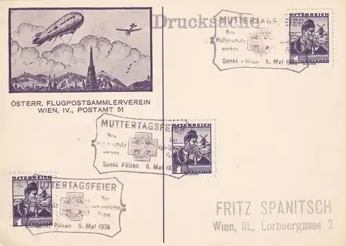 Carte postale Zeppelin, Fête des Mères 1936, Saint Pölten à Vienne