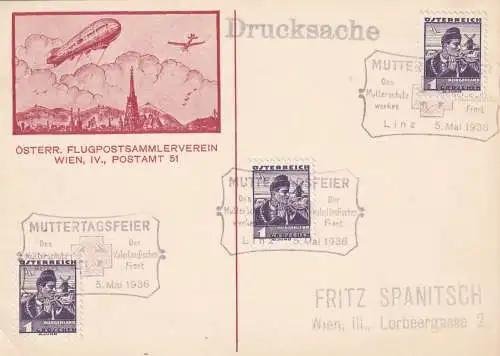 Carte postale Zeppelin, oeuvre de protection de la mère en 1936, Front national, Linz