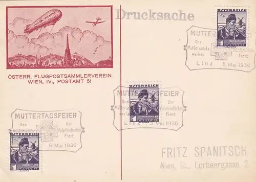 Postkarte Zeppelin, Mutterschutzwerk 1936, Vaterländisch Front, Linz