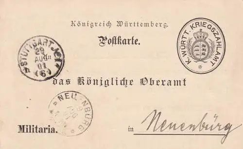 Carte postale 1901 Stuttgart Frais de détention à Neuchâtel, Militaria