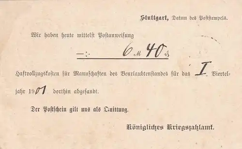 Carte postale 1901 Stuttgart Frais de détention à Neuchâtel, Militaria