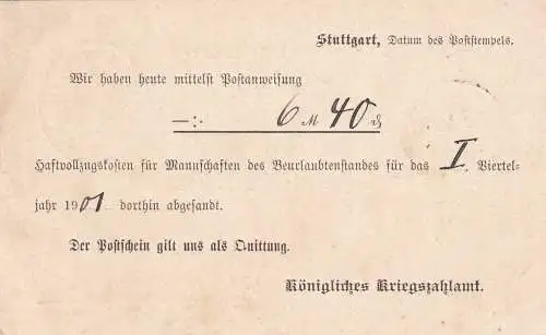 Postkarte 1901  Stuttgart Haftvollzugskosten nach Neuenburg, Militaria