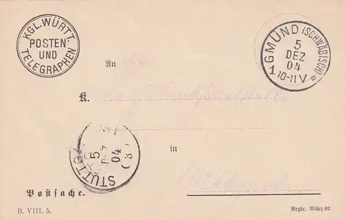 Schwäbisch Gmünd 1904, Postfachsacht a Stuttgart, Telegraphen Posten