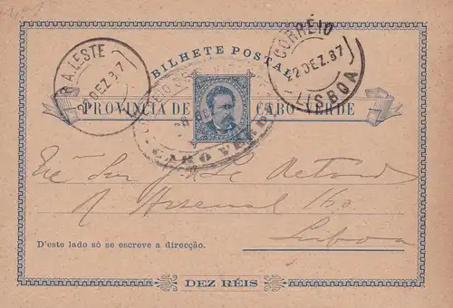 Post card P1, 1887 Cabo Verde, R.A. Leste to Lisboa