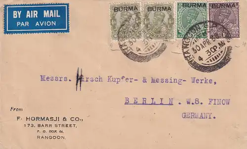 Birmanie Rangoon 1938 via air mail to Berlin