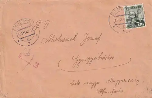 cover Prievoz 1942 to Hungary, centor