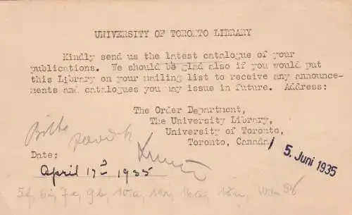 2x cover Library University Toronto 1935/36 to Leipzig