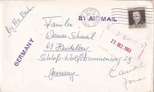 air mail Balboa Canal Zone 1963 to Heidelberg, sender MS Karpfangen