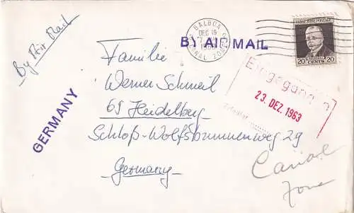 air mail Balboa Canal Zone 1963 to Heidelberg, station MS Karpfang