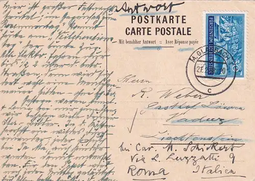 Réponse Carte postale Lichtenstein Vaduz de M. Gladbach 1939