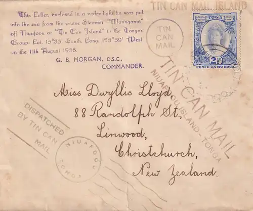 Tin Can Mail Niuafoou-Islande-Tonga to New Zealand, Linwood, Christchurch