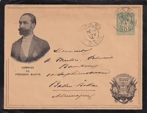 Lettre de deuil Paris 1894 to Baden Badden, Hommage au President Martyr
