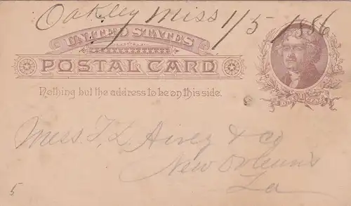 Post card Oakley Miss 1886 to New Orleans