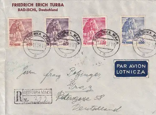 Einschreiben air mail 1939 DĄBRÓWKA MAŁA nach Graz, Devisenkontrolle