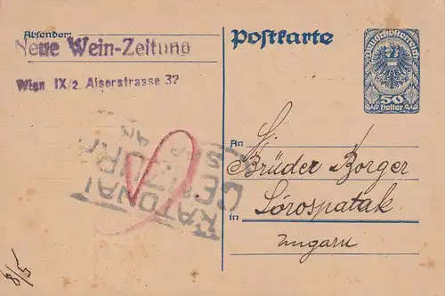 Carte postale 1920 Nouveau journal du vin après Hongrie, censure