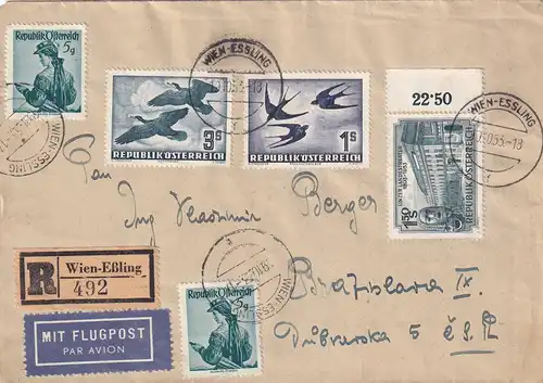 Air mail Einschreiben 1953 Wien Eßling nach Bratislava
