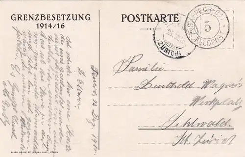 Feldpost Weihnachtskarte 1915 Tessin nach Zürich, Grenzbesetzung