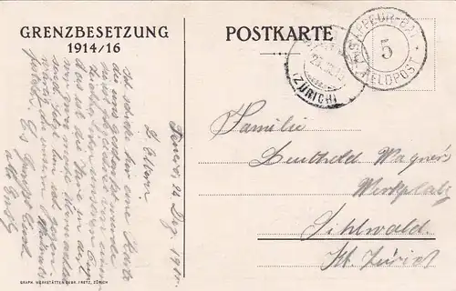 Poste de campagne Carte de Noël 1915 Tessin à Zurich, occupation aux frontières