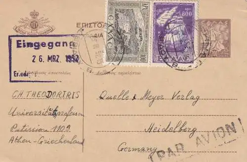 Post card Athènes 1952 to Heidelberg via air mail