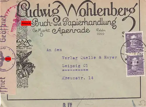 cover Apenrade 1944, german book store to Leipzig, censor