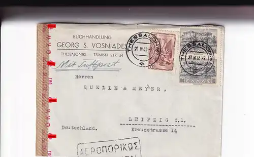 Thesaloniki 1943 to Leipzig, air mail, OKW centor