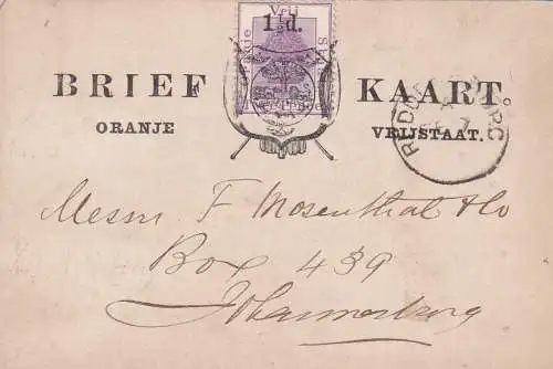 Post card Oranje 1894 to Johannesburg