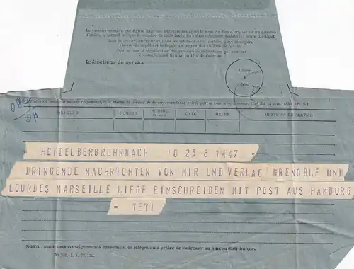 1952 Telegram Lourdes / Heidelberg