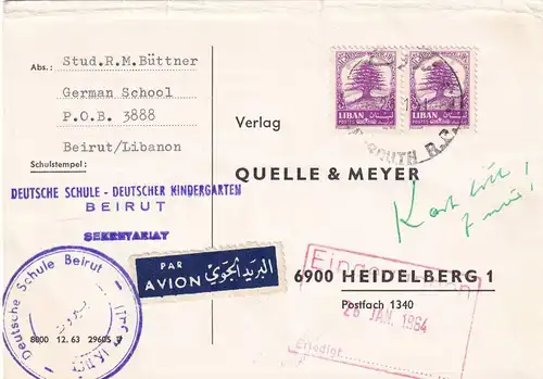 Deutsche School, Kindergarten Beyrouth 1964, post card to Heidelberg, air mail