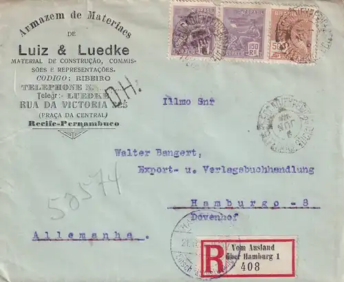 Recife, Einschreiben vom Ausland, Bahnpost..., D.H. Stempel 1926 nach Hamburg