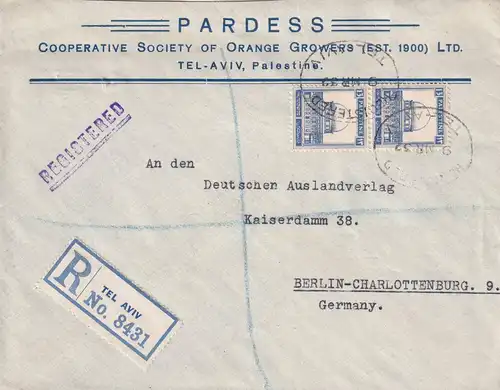 Registered Tel Aviv, 1932 to Berlin, double franco
