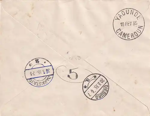 Registered cover Yaounde to Dieburg/Germany 1935