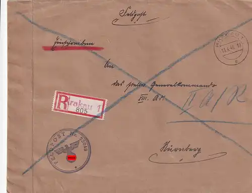 Feldpost Einschreiben Krakau 1, FPNr. 23048 an XIII AK Nürnberg