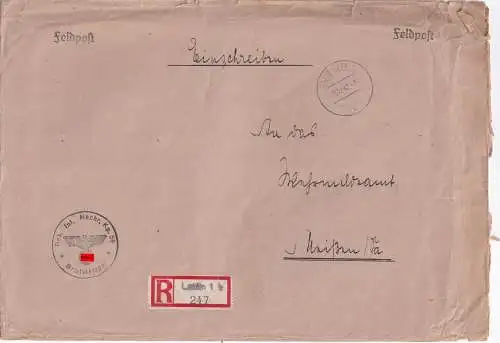 Feldpost Einschreiben Lublin nach Meissen 1942