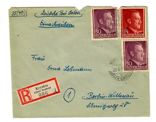 KLV: R-Brief aus Krynica 1944, GG/Lager über Postfach nach Berlin-Wittenau