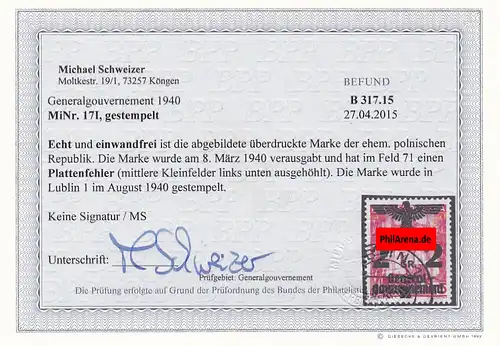 Generalgouvernement (GG) MiNr. 17I, gestempelt, BPP Befund