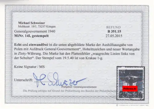 Gouvernement général (GG) MiNr. 14I, cacheté, BPP Photos trouvés