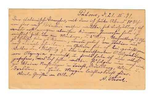 Post card 1891 Patras to Beierstedt/Wertheim/Braunschweig, Corner Margin