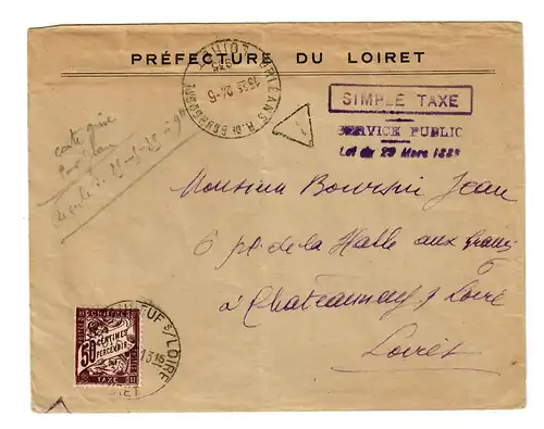 cover Préfecture du Loiret, simple Taxe Service Public 1924 to Chateauneuf/Loire