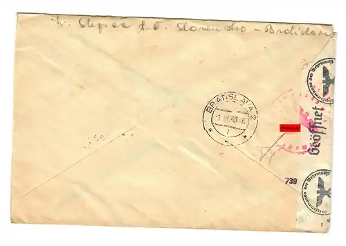 registered cover Bratislava 1943, OKW censorship to Praha