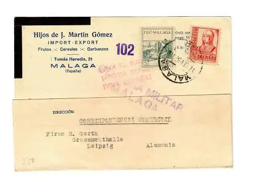 Post card Malaga 1937, censorship. offer fruits to Leipzig