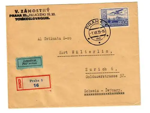 Registered air mail cover Praha 1935, revers Information to Zürich