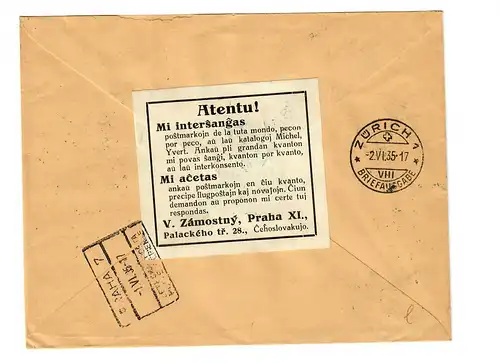 Registered air mail cover Praha 1935, rever Information to Zurich