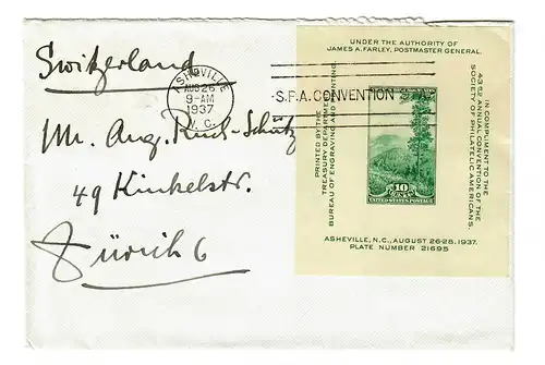 Cover Asheville 1937 to Zuerich in Switzerland