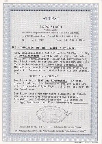 SBZ Thuringe: MiNr. Block 4 cy II/IV, cacheté Erfurt, BPP Attest
