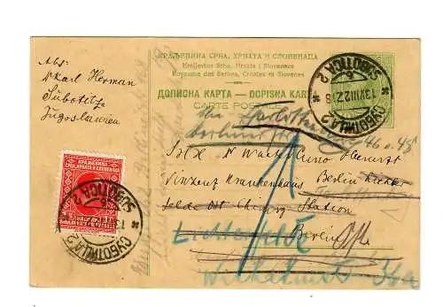 post card Subotitz 1927 to Berlin, forwarded 