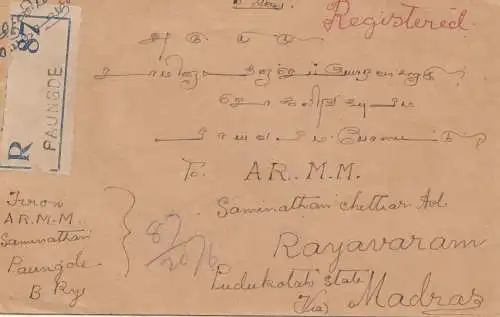 Birmanie: 1940: registered letter Paungde to Rayavaram