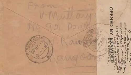 Birmanie: 1945: letter to Kanadukathan, censor