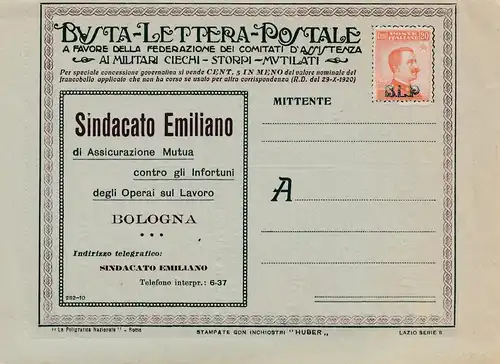 Italienischer Brief Bologna Militari Werbung innen, ungebraucht mit Faltblatt