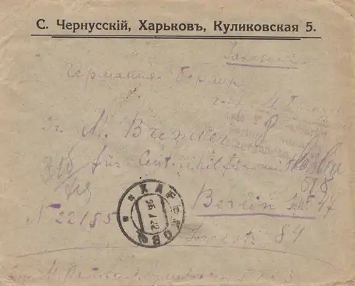 Brief nach Berlin aus Russland 1922 mit Bahnpoststempel