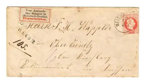 Lettre recommandé de Weissensulz sur Bodenbach-Dresden /Bärenwalde-Kirchberg 1877